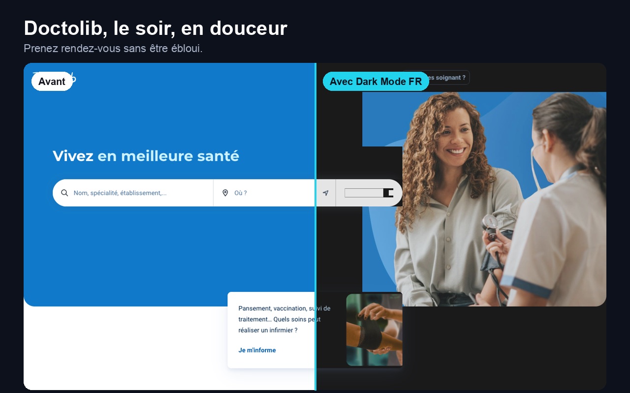 Doctolib avant et après Dark Mode FR : à gauche le site d’origine, à droite en mode sombre