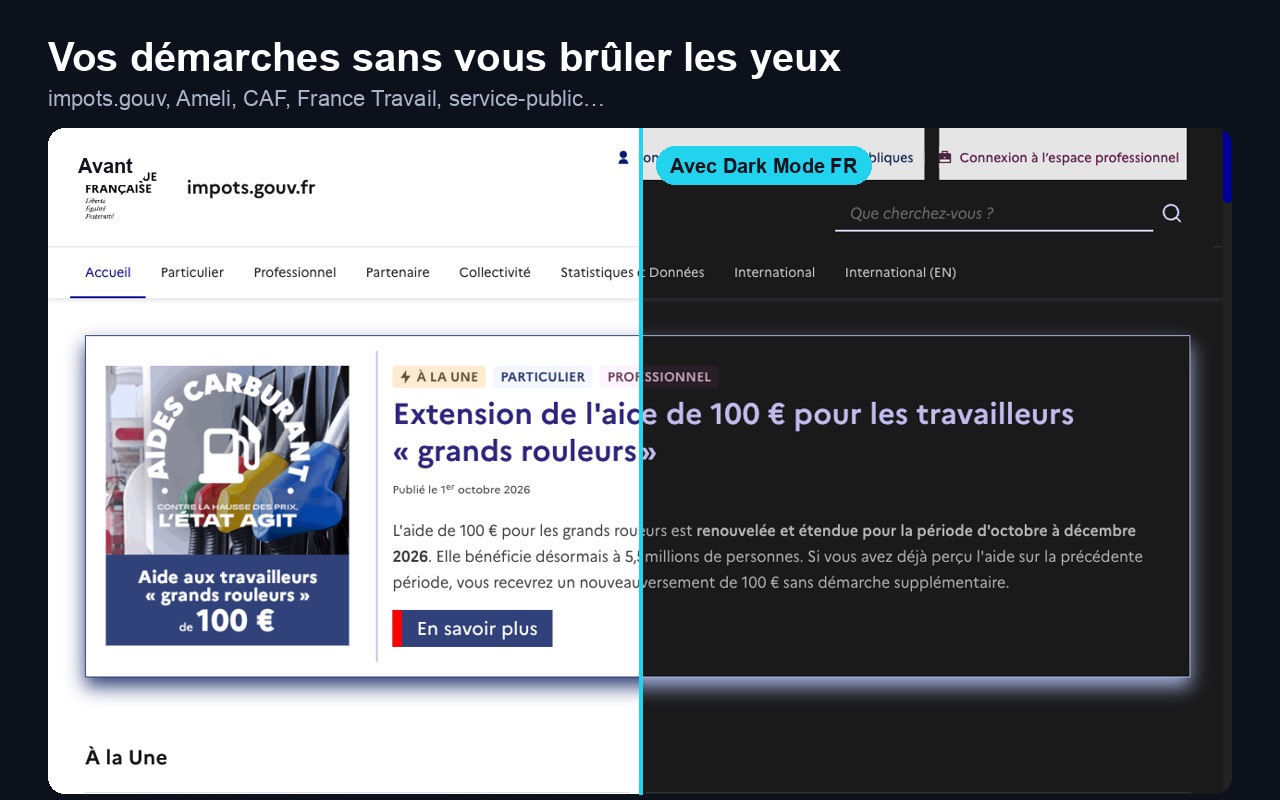 impots.gouv.fr avant et après Dark Mode FR : à gauche le site d’origine, à droite en mode sombre