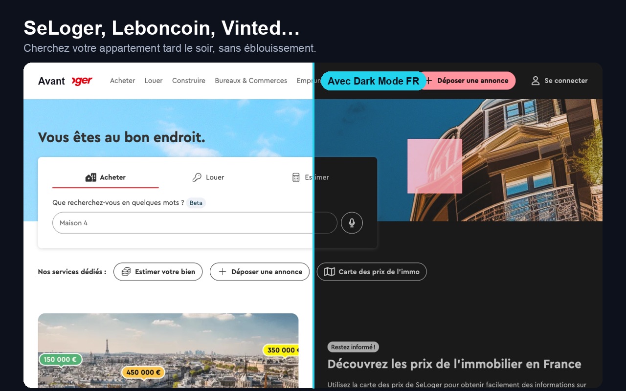 SeLoger avant et après Dark Mode FR : à gauche le site d’origine, à droite en mode sombre