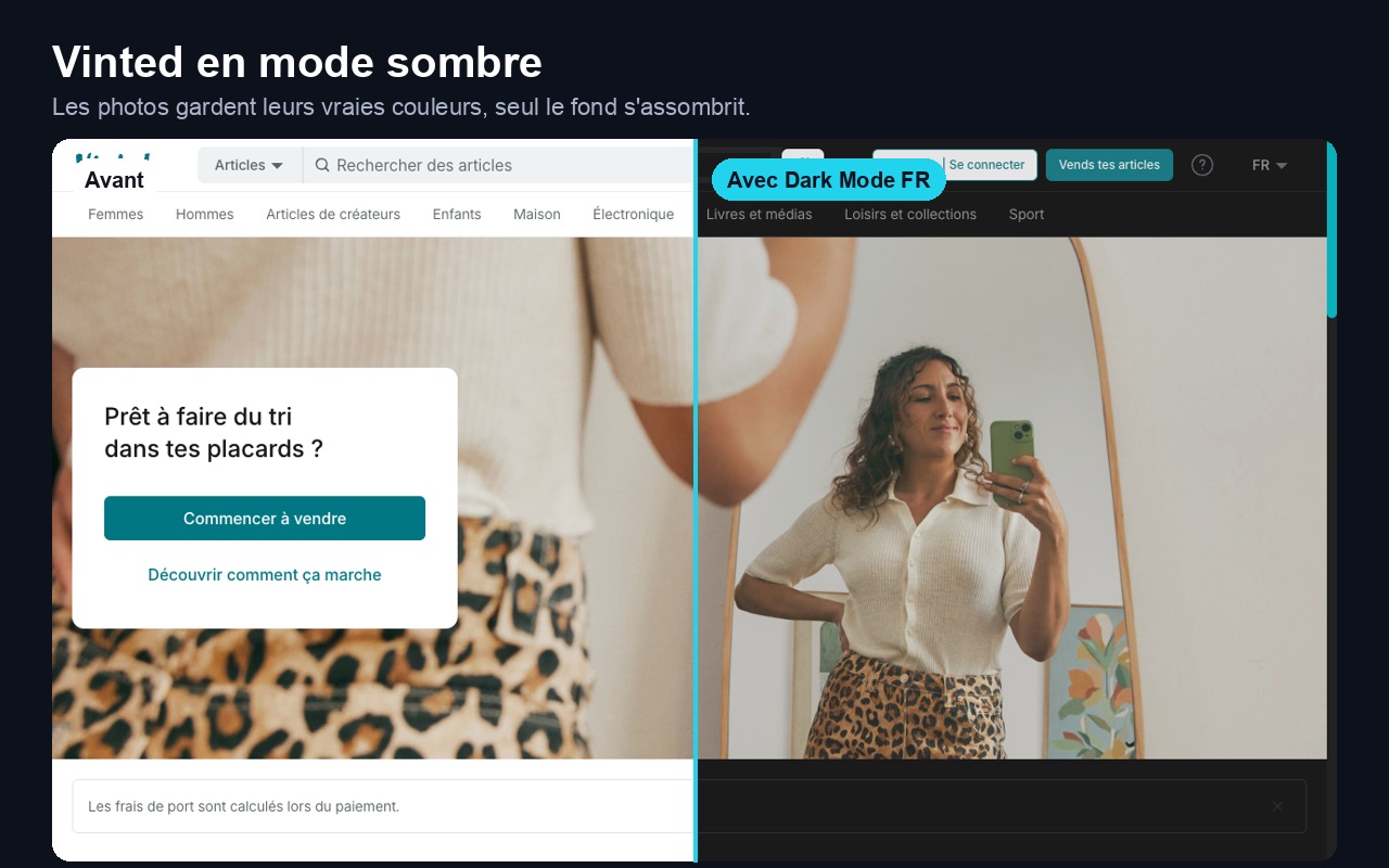 Vinted avant et après Dark Mode FR : à gauche le site d’origine, à droite en mode sombre